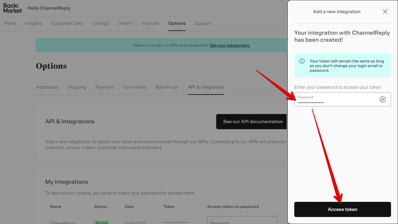 Password field and Access Token button