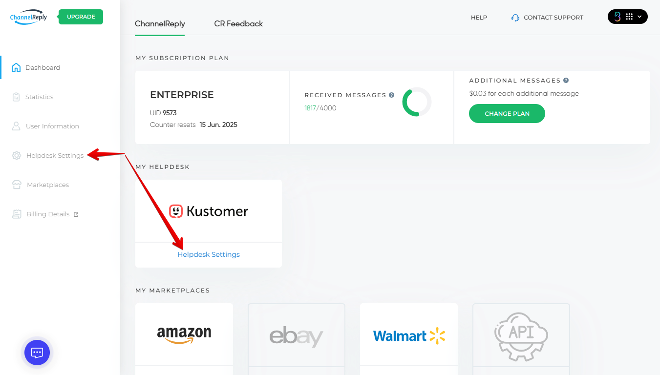 Helpdesk Settings buttons in ChannelReply