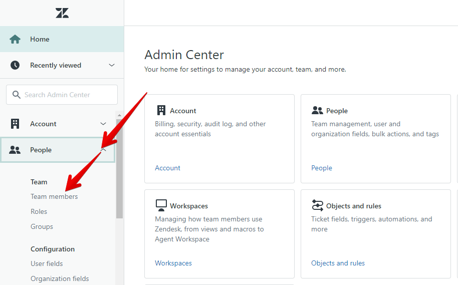Team members option in Zendesk Admin Center