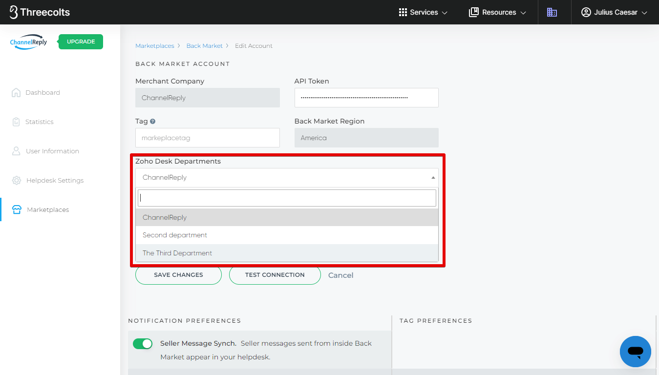 Selecting a new Zoho Desk department for Back Market in ChannelReply