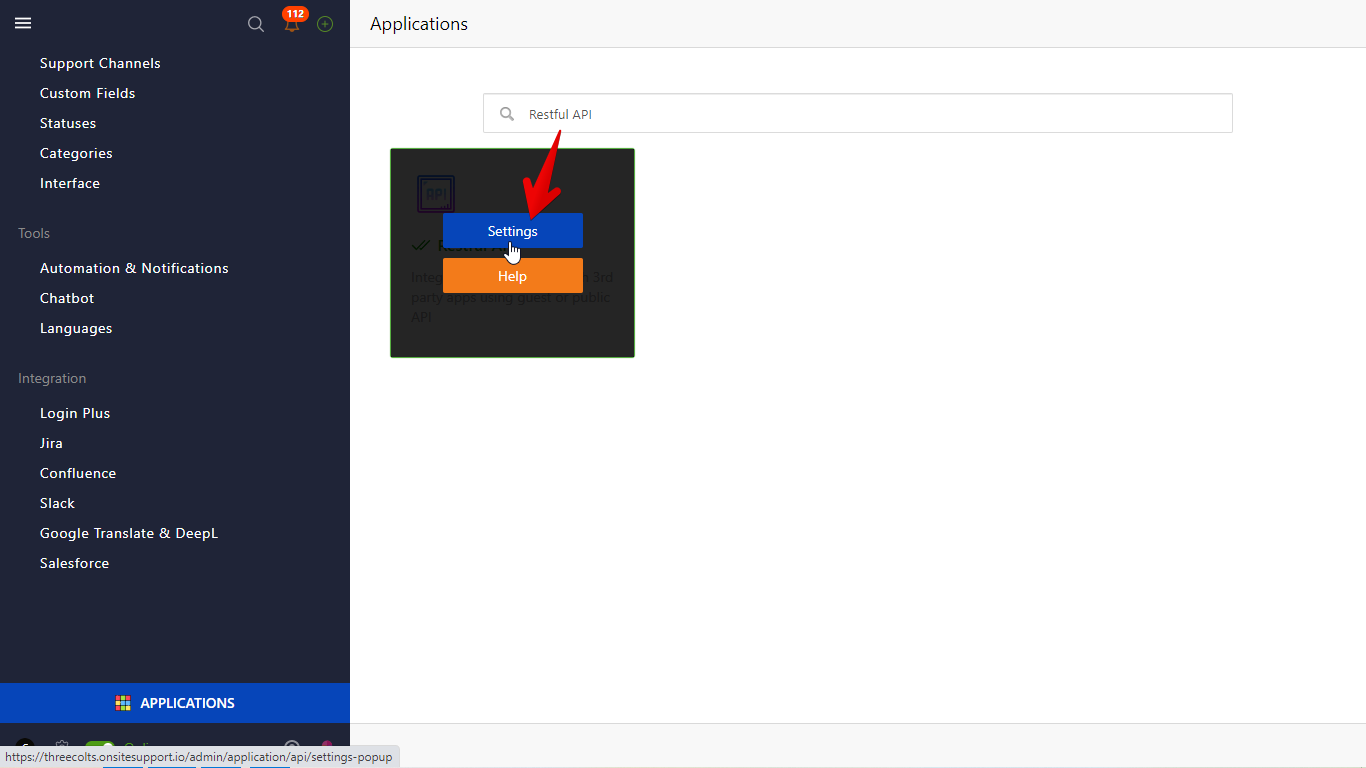 Restful API Settings appearing while mousing over the Restful API tile