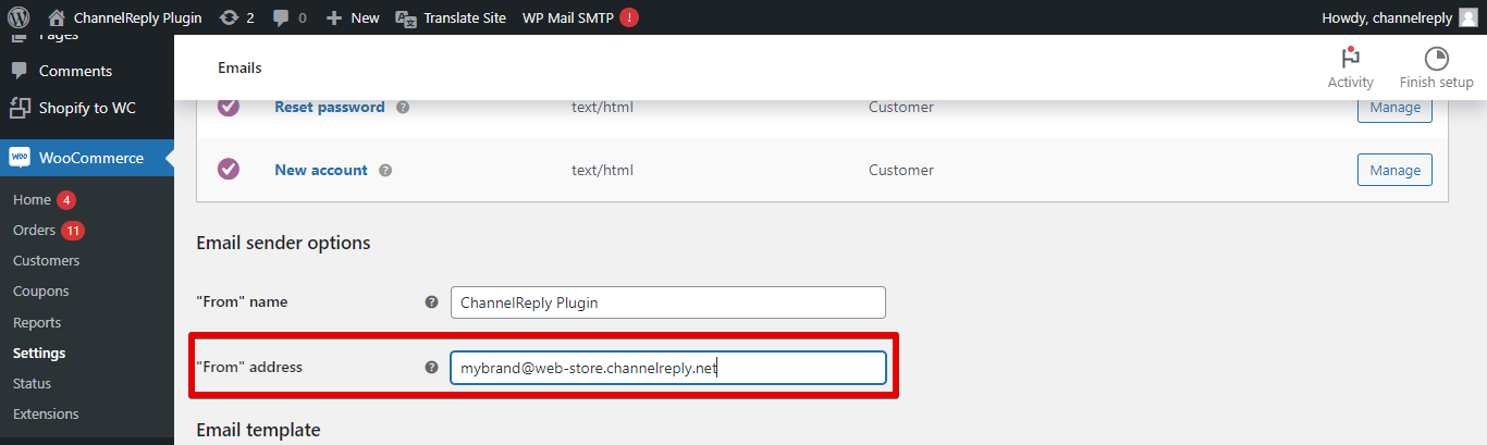 ChannelReply Email entered as WooCommerce From address