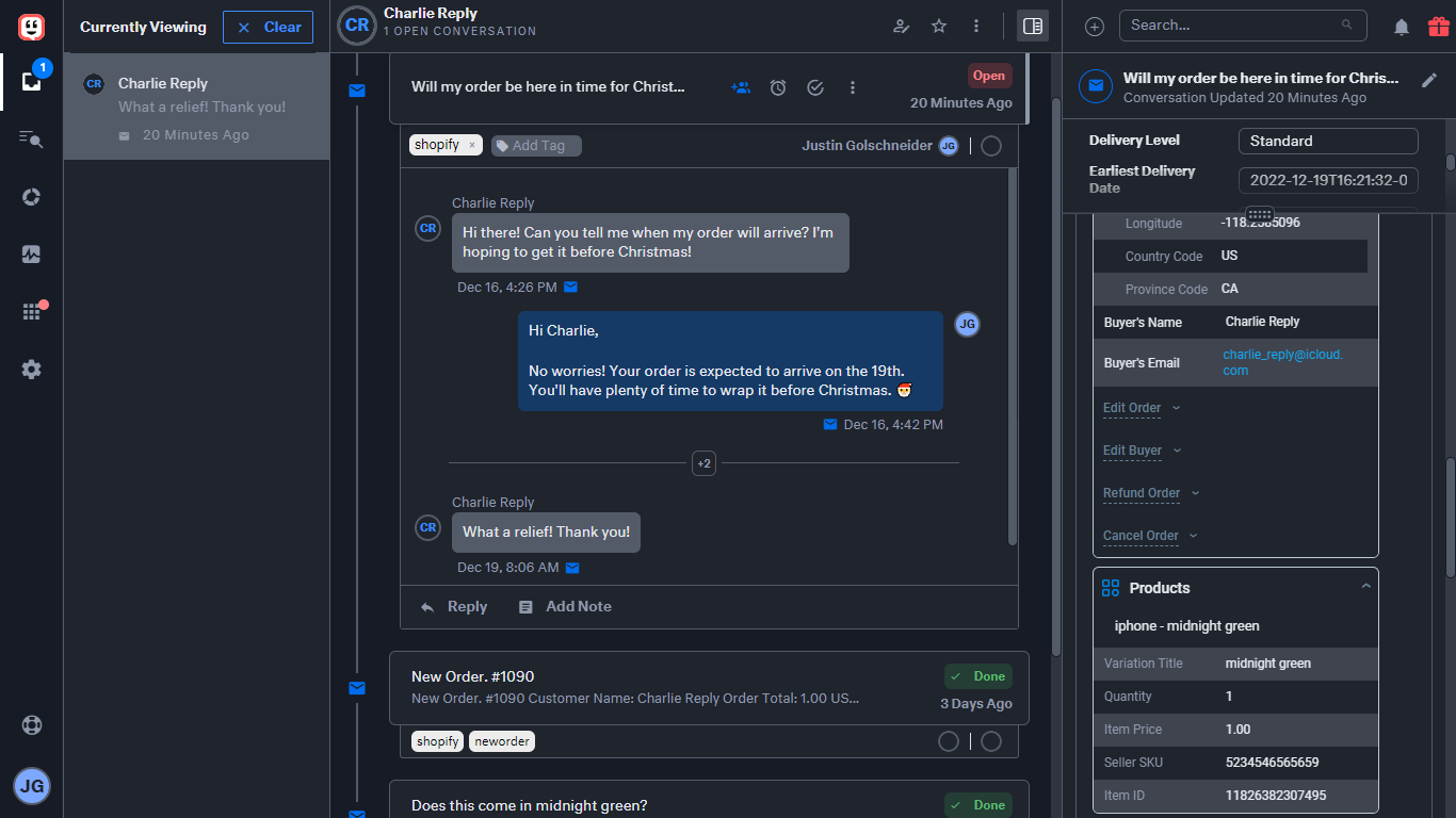 A threaded Shopify conversation in Kustomer