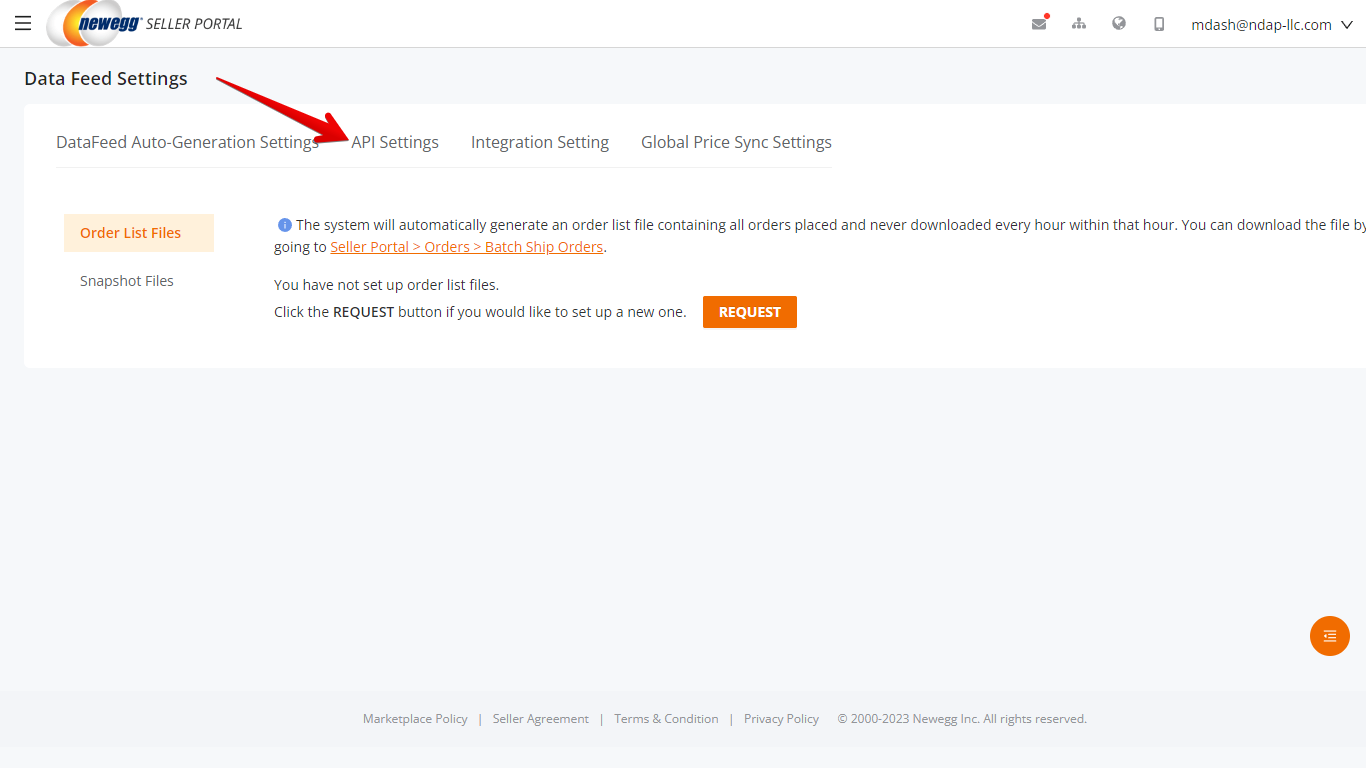 API Settings Tab in Newegg