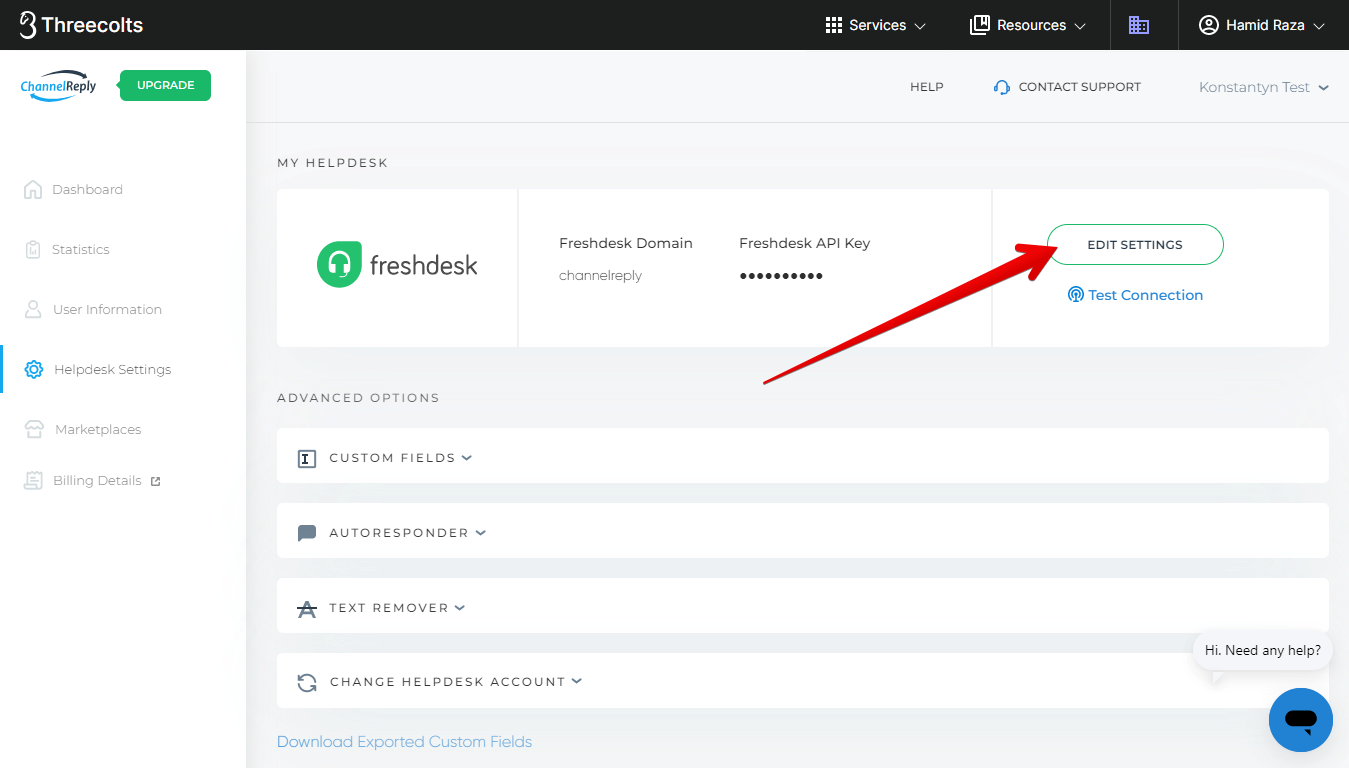 Edit Freshdesk Settings in ChannelReply
