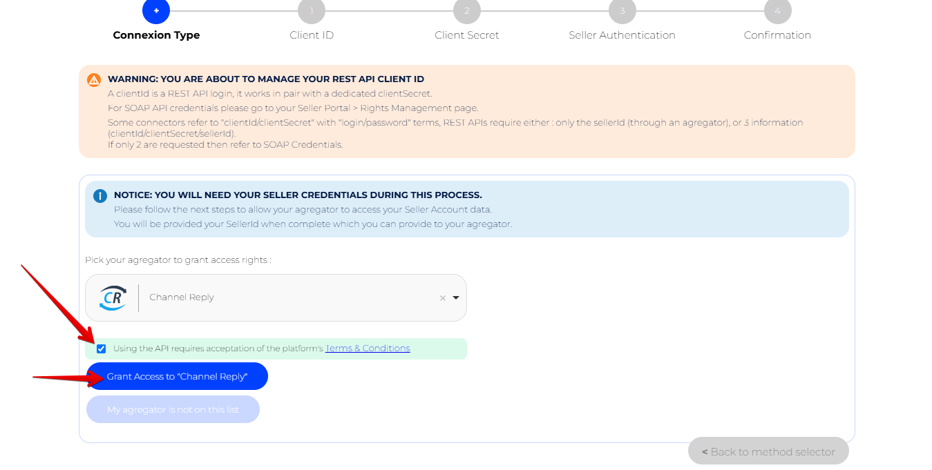 Terms and conditions checked and Grant Access to Channel Reply button near the bottom of the screen