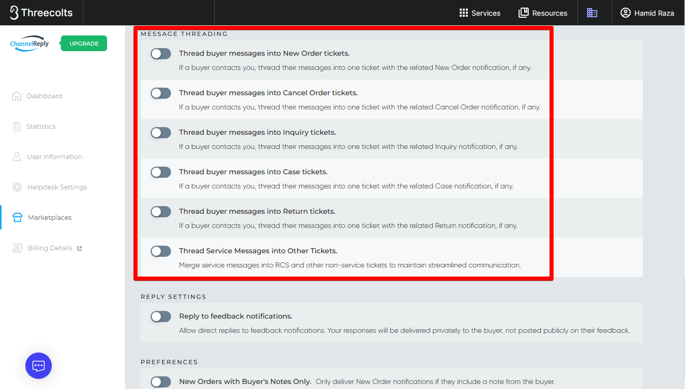 eBay Message Threading Settings in ChannelReply