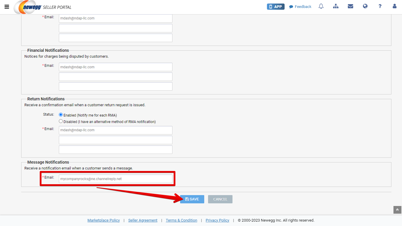 Message Notifications Email Setting and Save Button