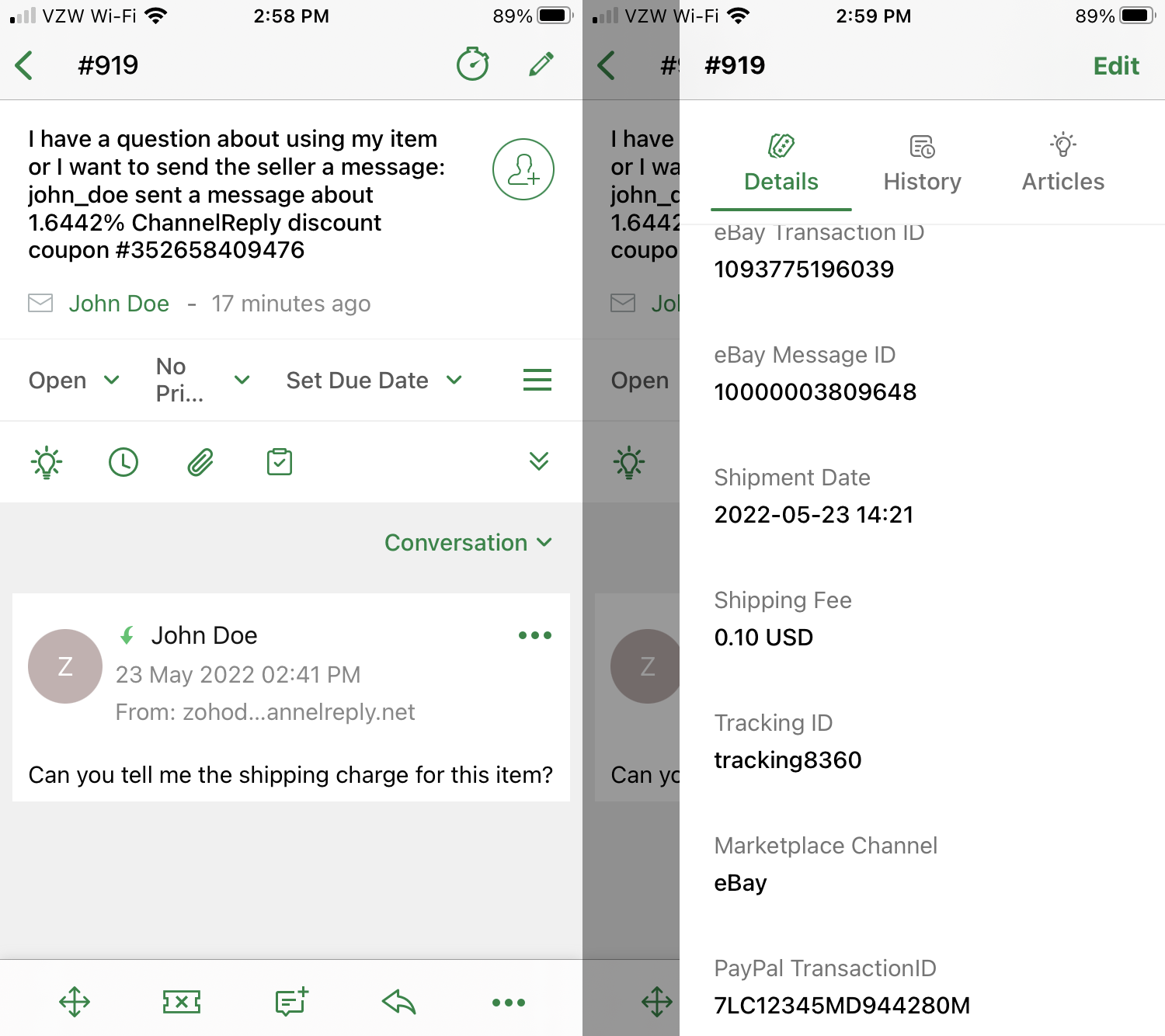 eBay Message and Custom Fields with Order Data in the Zoho Desk Mobile App