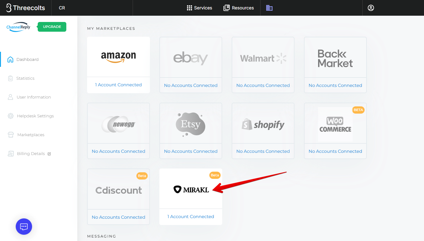 Mirakl tile with a successfully integrated account on the ChannelRepy dashboard