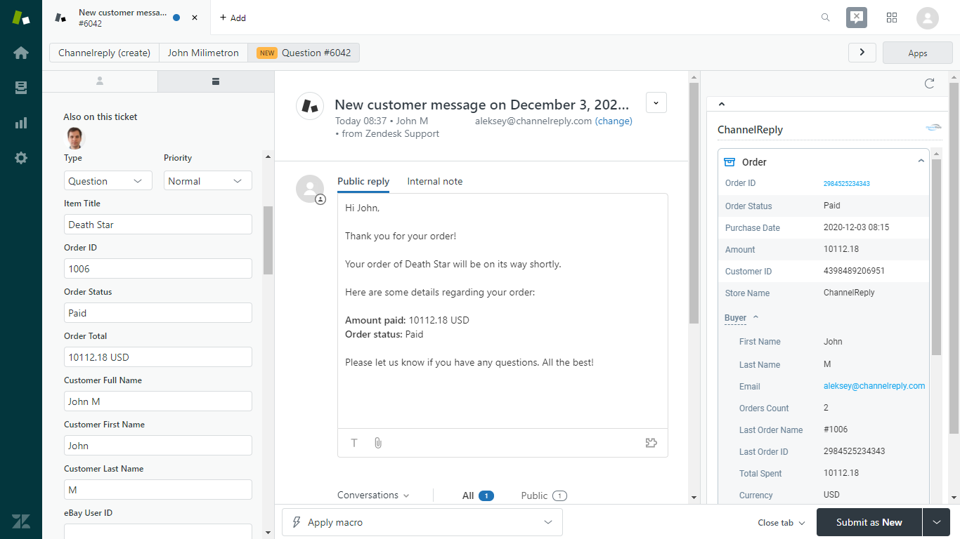 Answering a Shopify Message with a Zendesk Macro