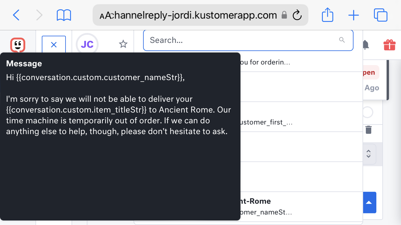 Entering a shortcut in Kustomer on a smartphone