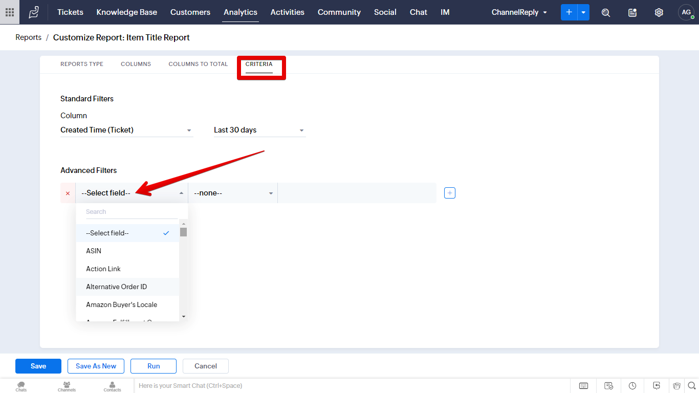 Choosing a custom field in a report's Advanced Filters section