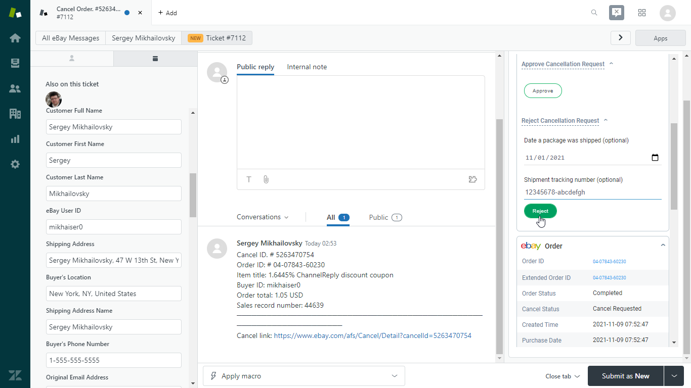 Rejecting an eBay Cancellation in Zendesk