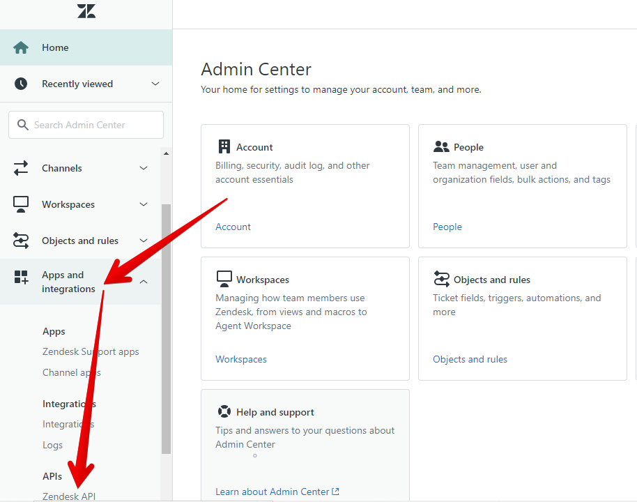 Zendesk API option under Apps and Integrations in Zendesk Admin Center