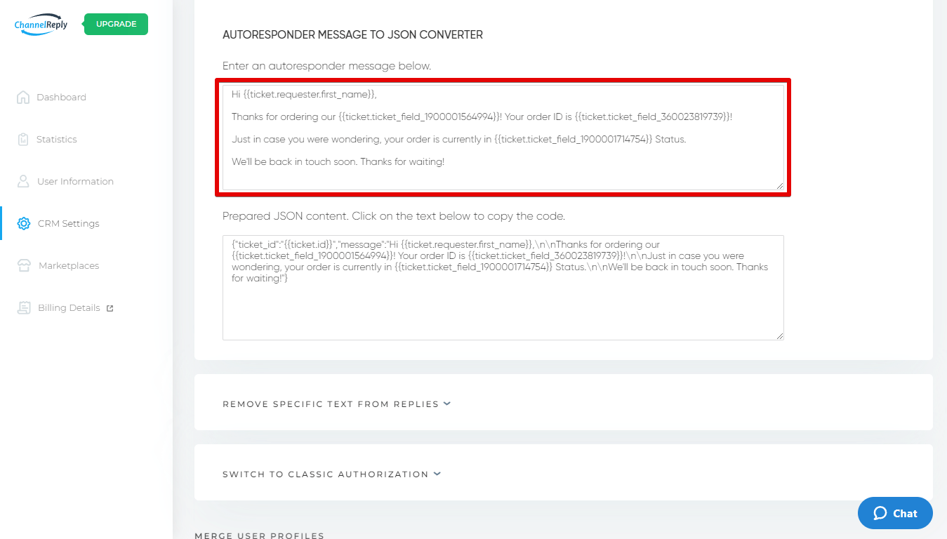 Creating an autoresponder message in ChannelReply's JSON converter