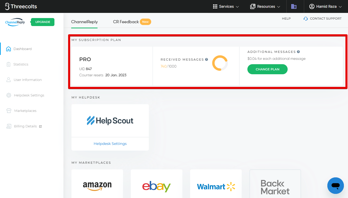 My Subscription Plan on the ChannelReply Dashboard