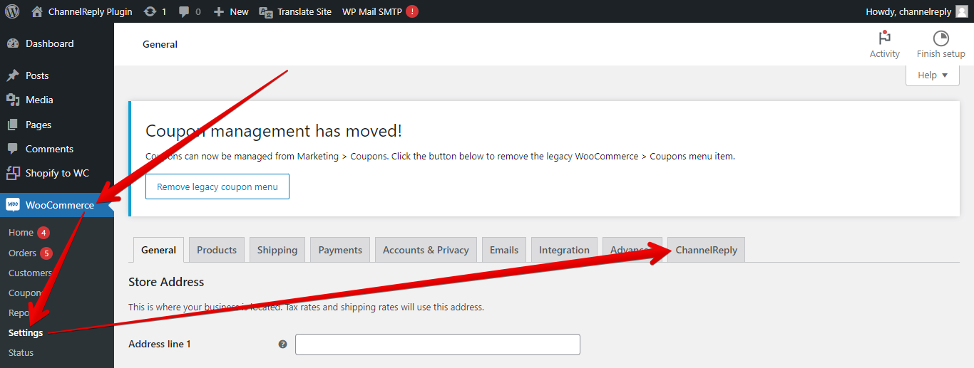 WooCommerce > Settings > ChannelReply in WordPress