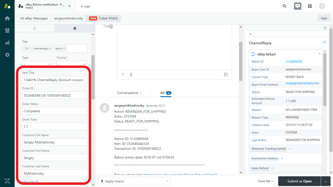 ChannelReply Custom Fields in Zendesk's Left-Hand Sidebar