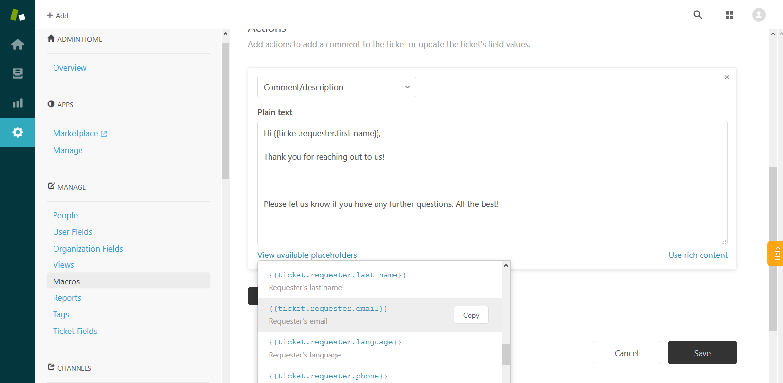 Zendesk Macro Creation