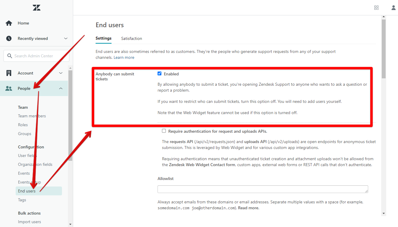 "Anybody can submit tickets" option enabled in Zendesk