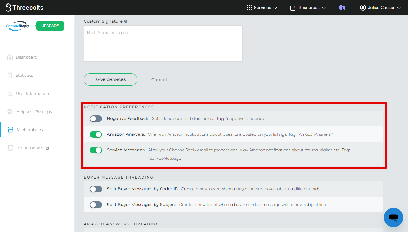 ChannelReply Notification Preferences for Amazon