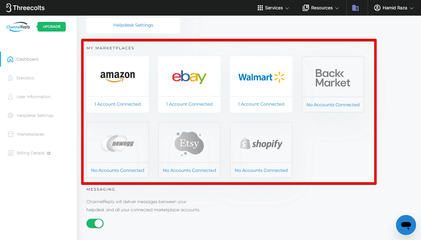 My Marketplaces on the ChannelReply Dashboard