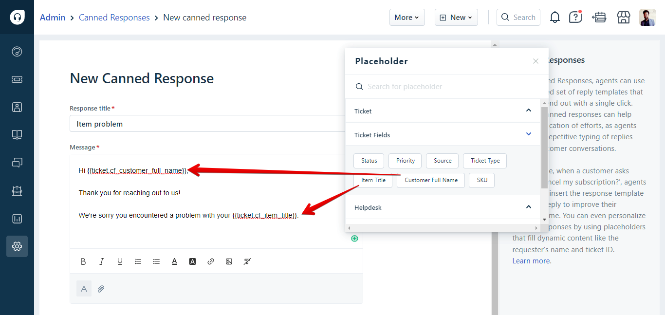Adding eBay/Amazon/Walmart Placeholders to a Freshdesk Canned Response