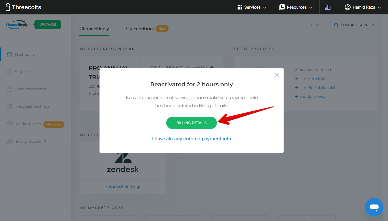Billing Details button
