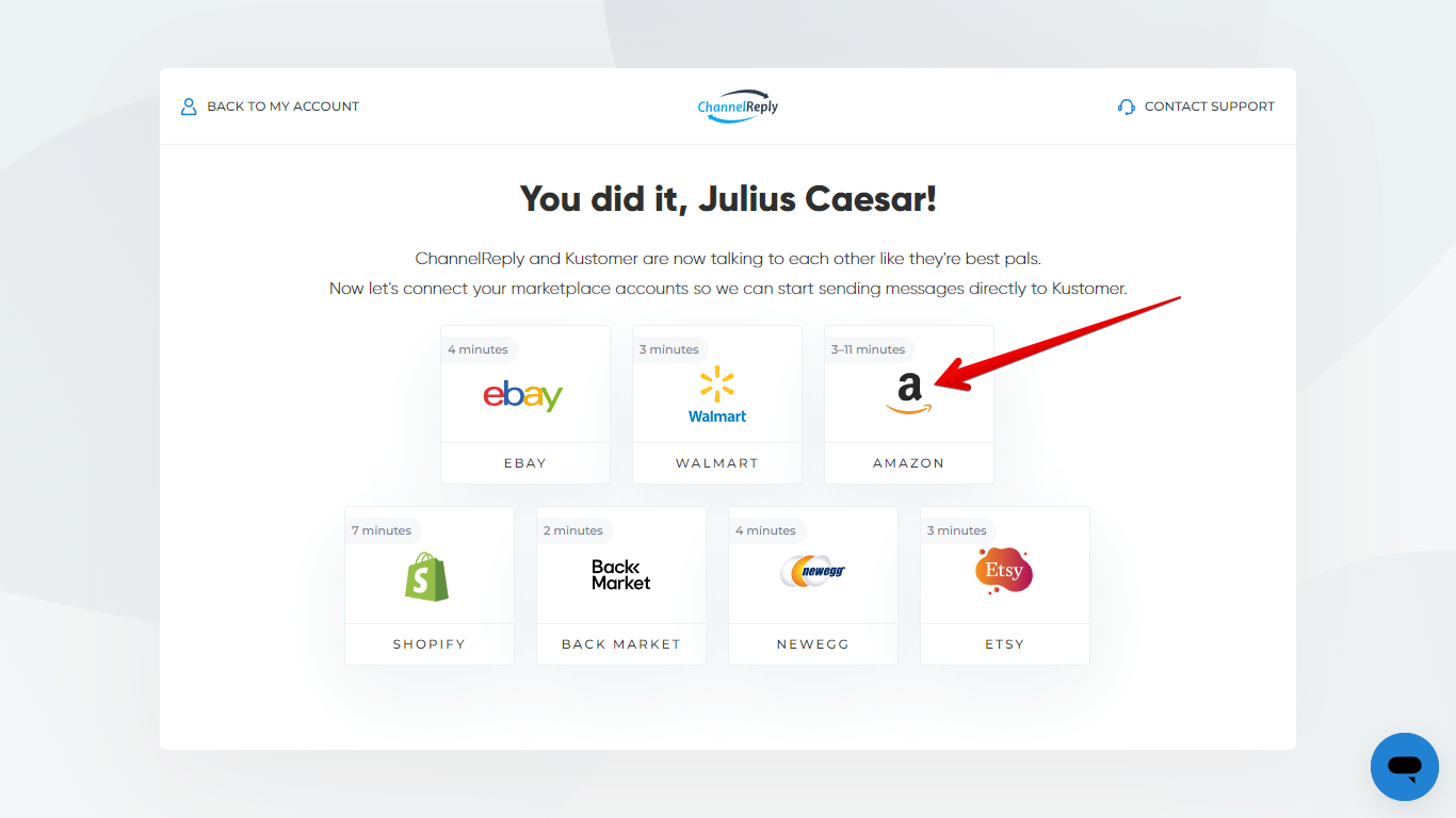 Choosing Amazon on a Helpdesk Integration Success Screen