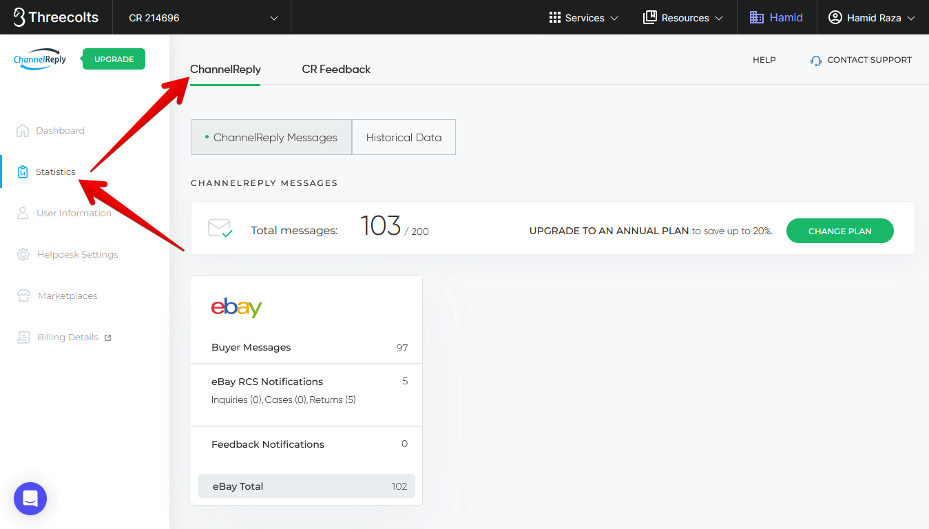 ChannelReply Statistics Tab in the Main Menu