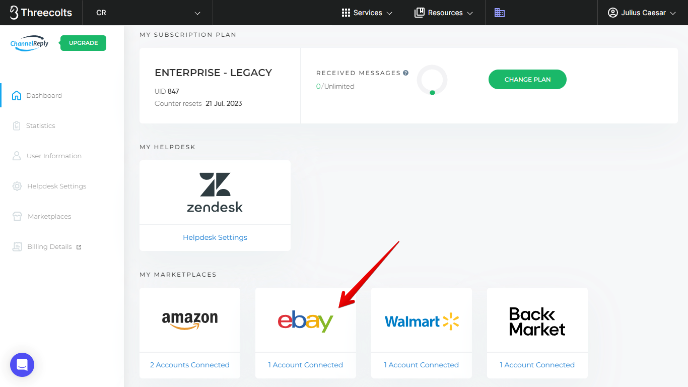 eBay on the ChannelReply Dashboard