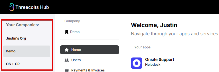 Your Companies list in Threecolts Hub and Onsite Support under Your Apps