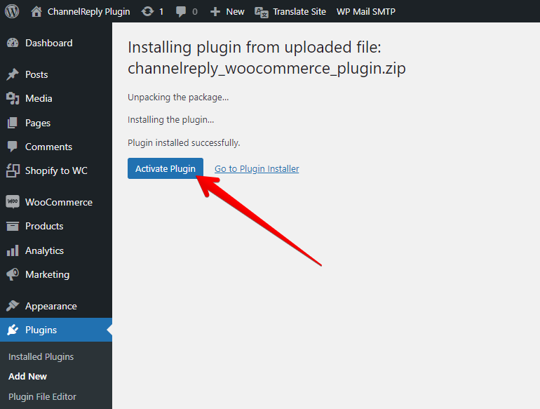 Activate Plugin button for ChannelReply WooCommerce ZIP file