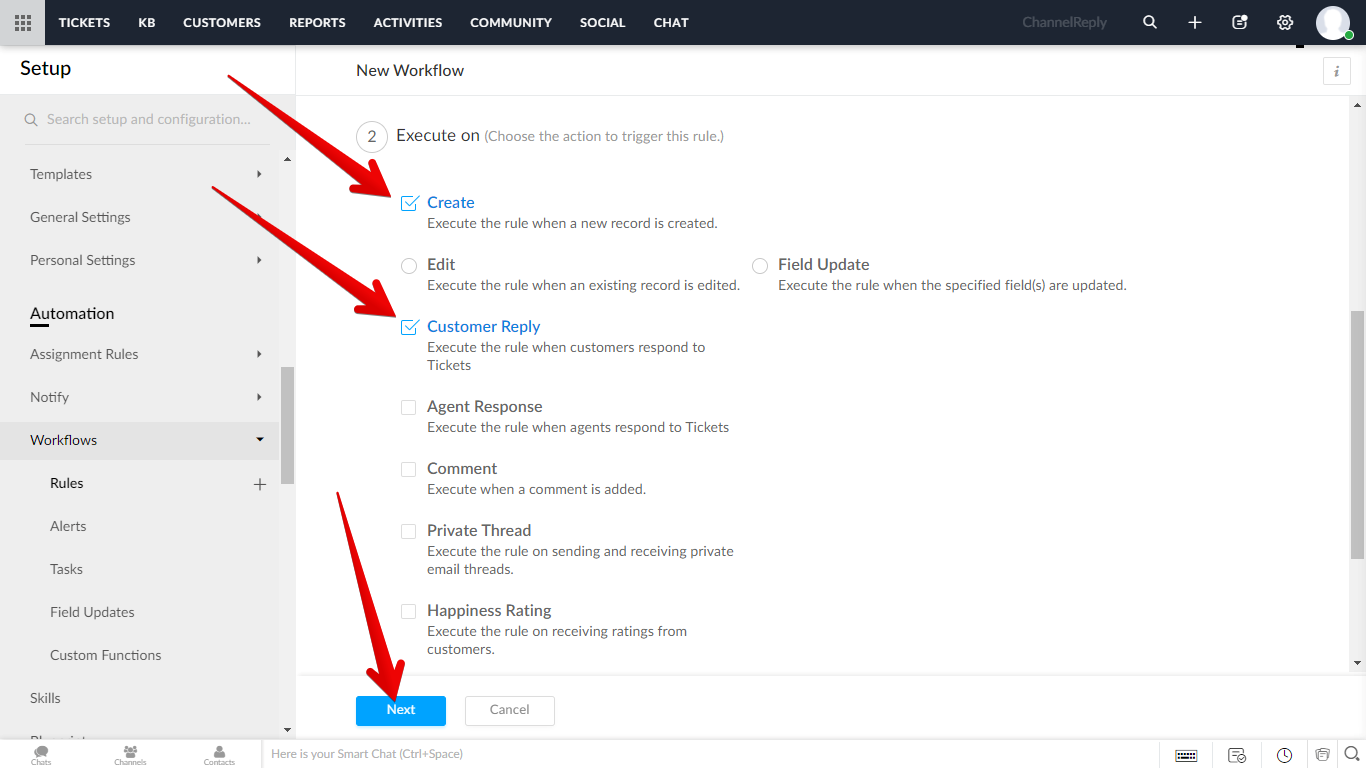 Execute On settings with Create and Customer Reply checked, plus the Save button indicated