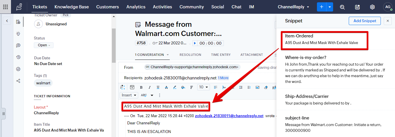 Entering a snippet with a Walmart placeholder in a Zoho Desk reply