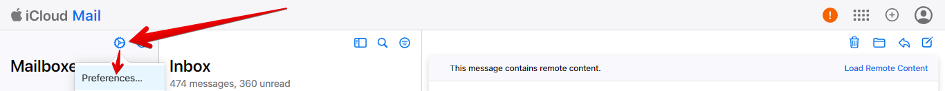 Gear Icon and Preferences in iCloud Mail