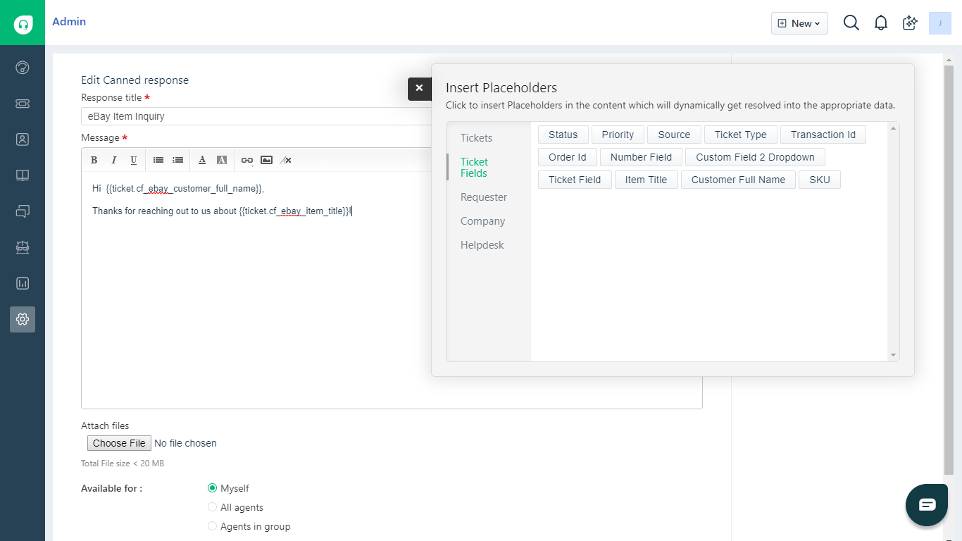 Insert Placeholders in Freshdesk Canned Responses