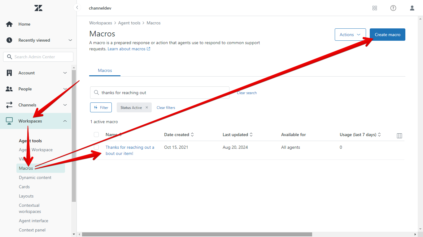 Workspaces menu, Macros submenu, and options for editing an existing macro or creating a new one in Zendesk Admin Center