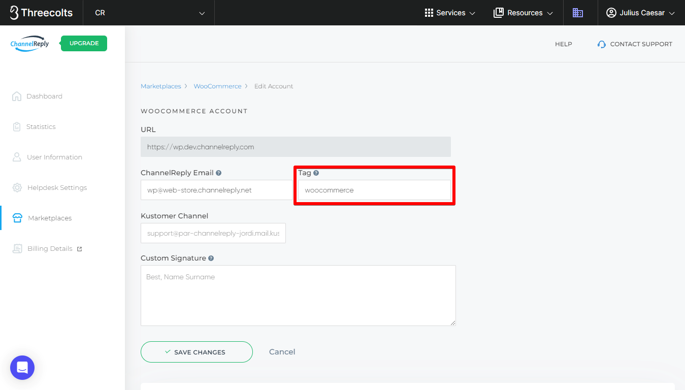WooCommerce tag entered in the Tag field