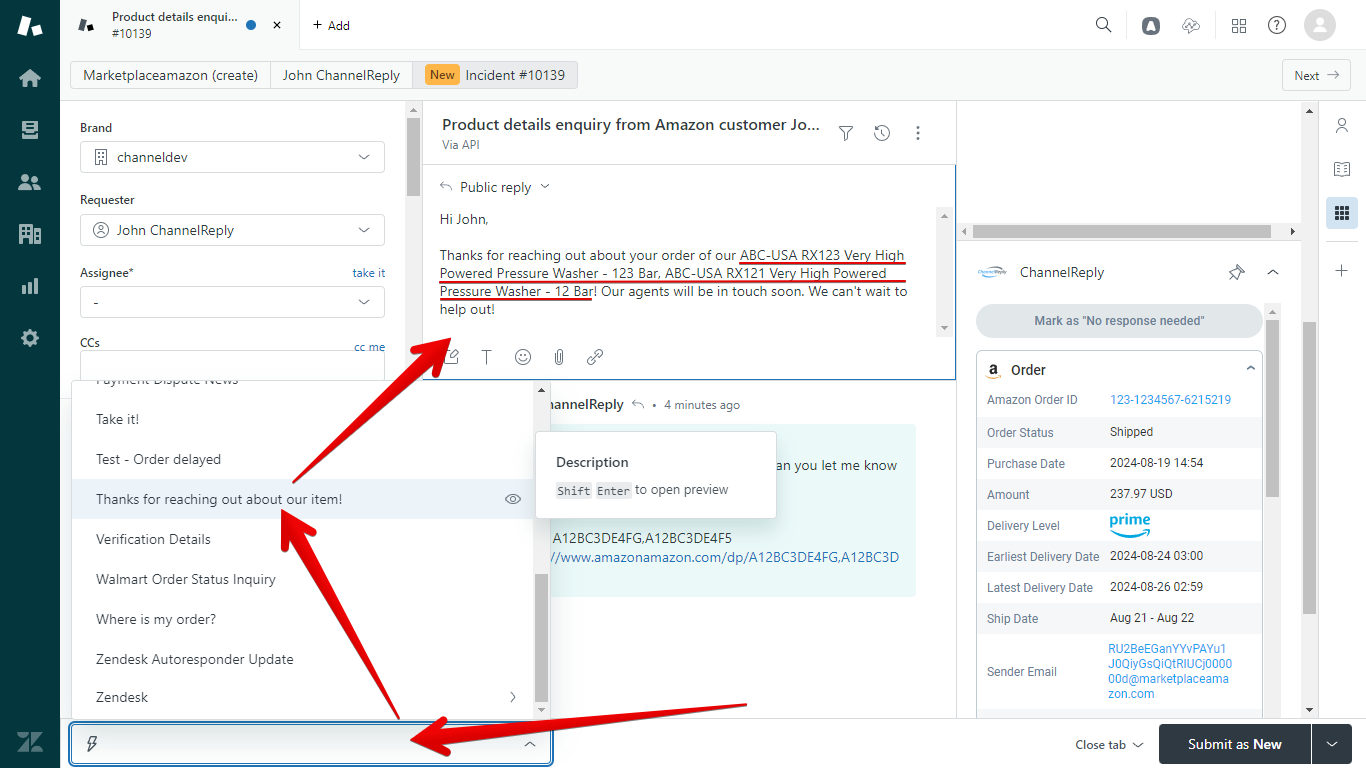 Entering a Zendesk macro with the Item Title custom field