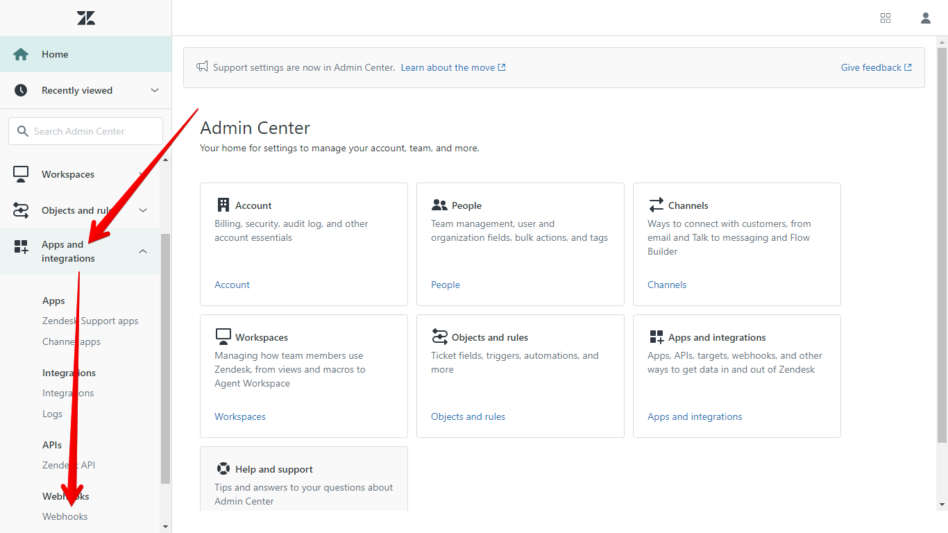 Webhooks in the Zendesk Apps and Integrations menu