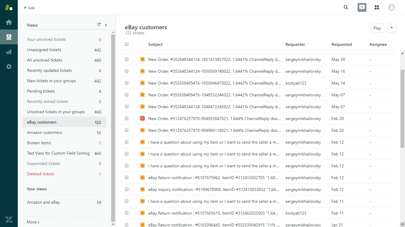 Zendesk View Showing Only eBay Messages