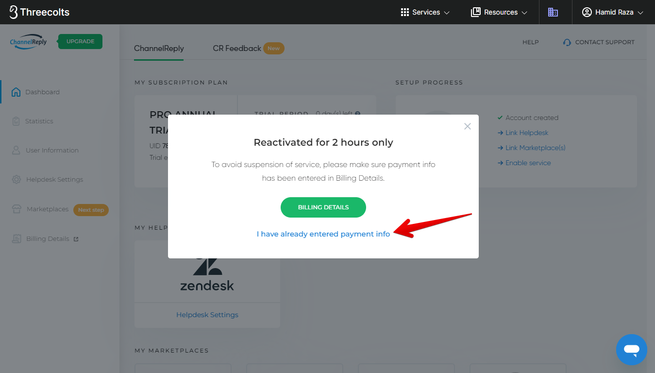 I have already entered payment info button