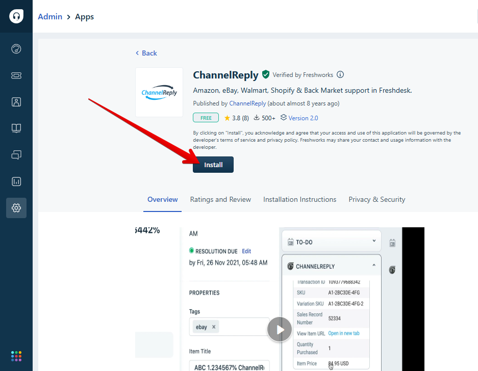 Install Button on the ChannelReply App Listing on Freshdesk