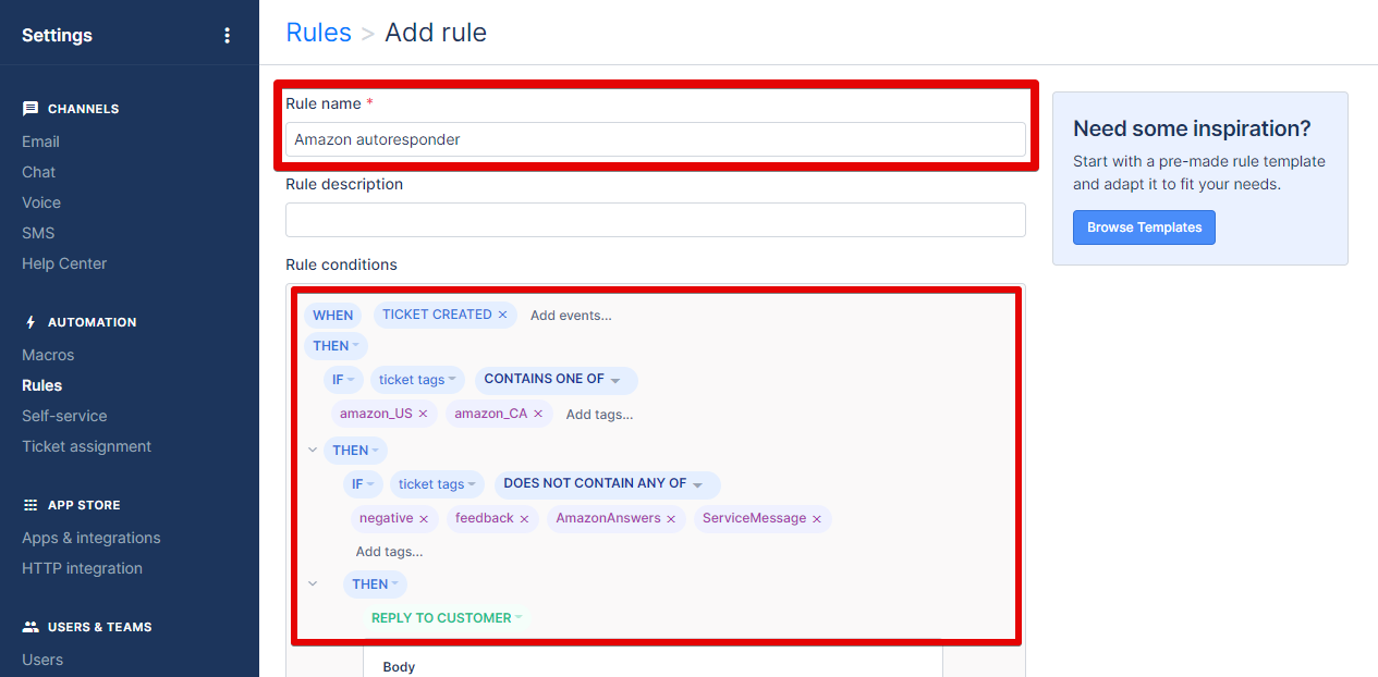Amazon Autoresponder Conditions in a Gorgias Rule
