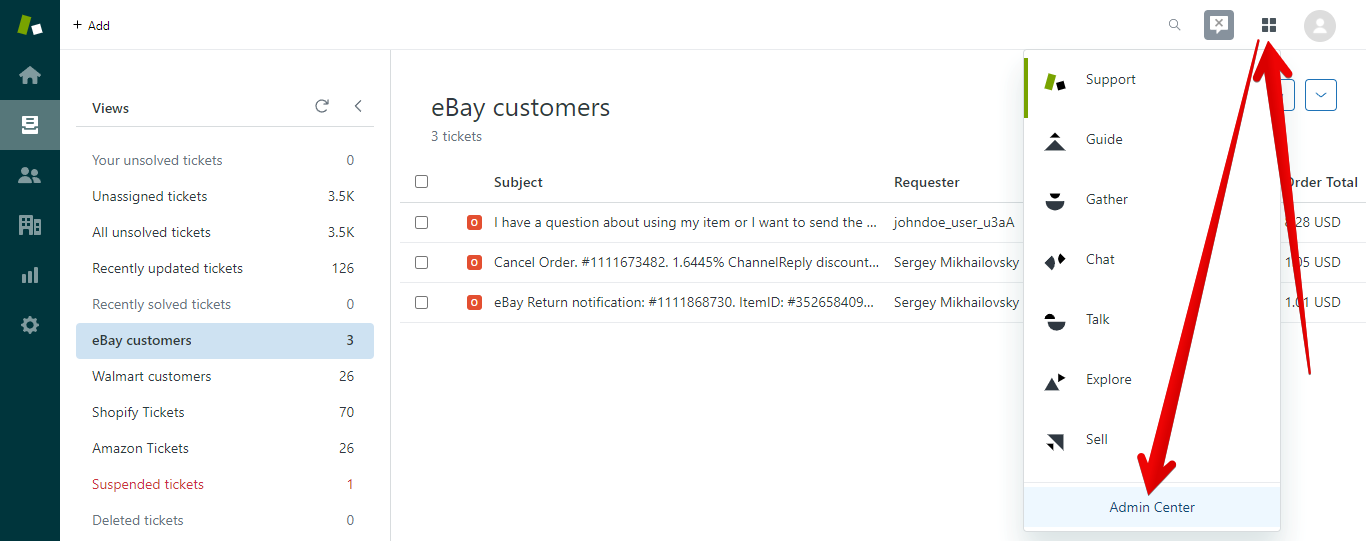 Products Button and Admin Center in Zendesk