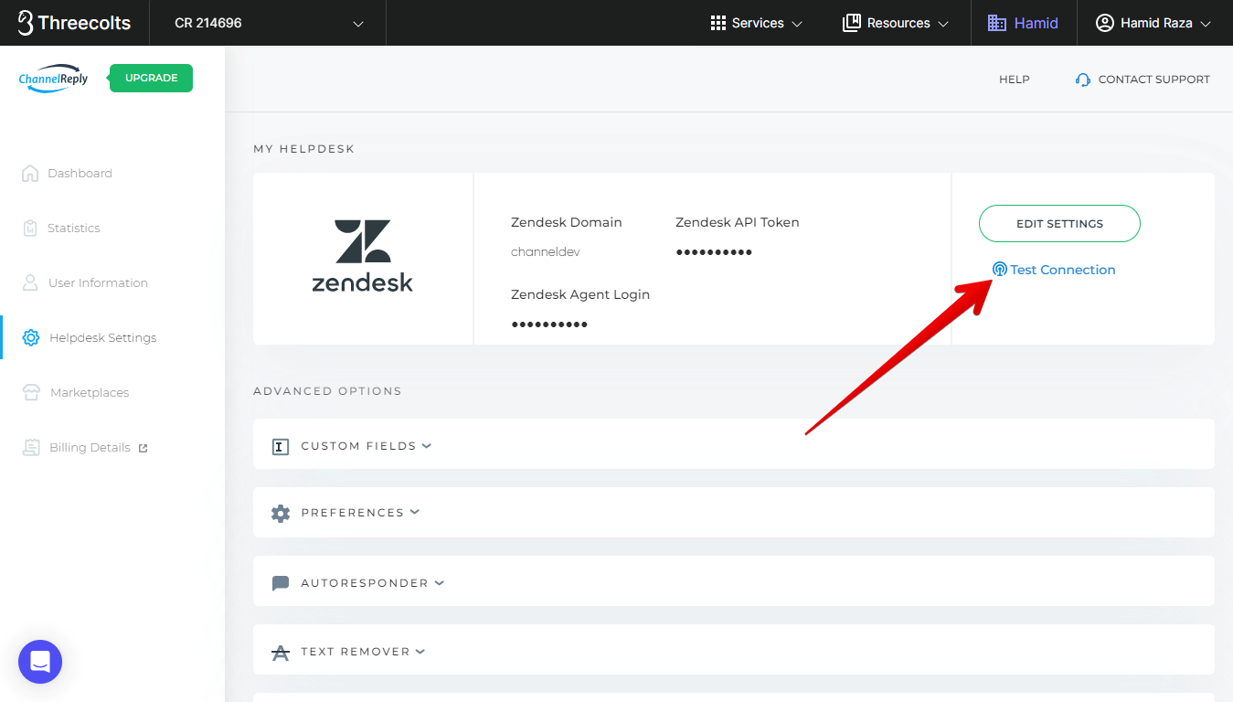 Arrow pointing towards the "Test Connection" button in Helpdesk Settings of ChannelReply