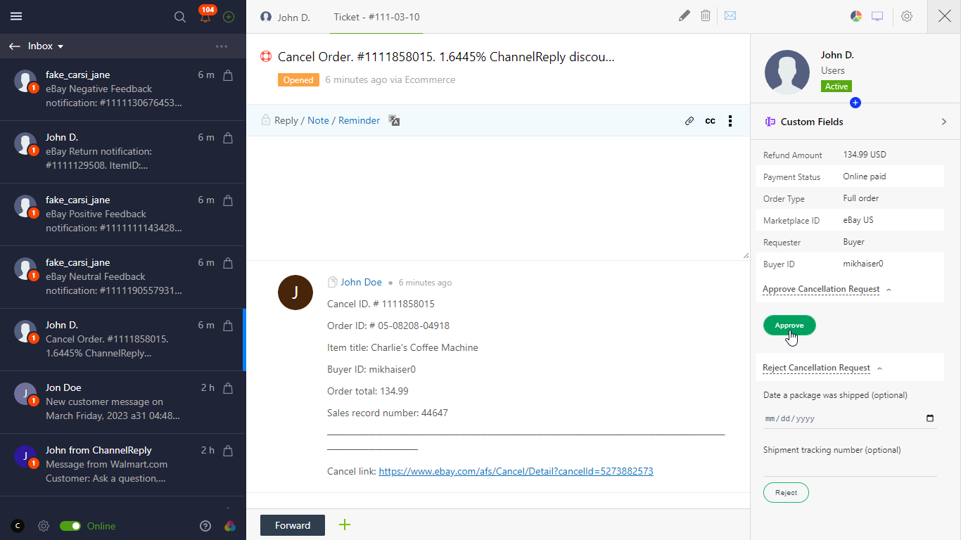 Approving an eBay Cancellation in Onsite
