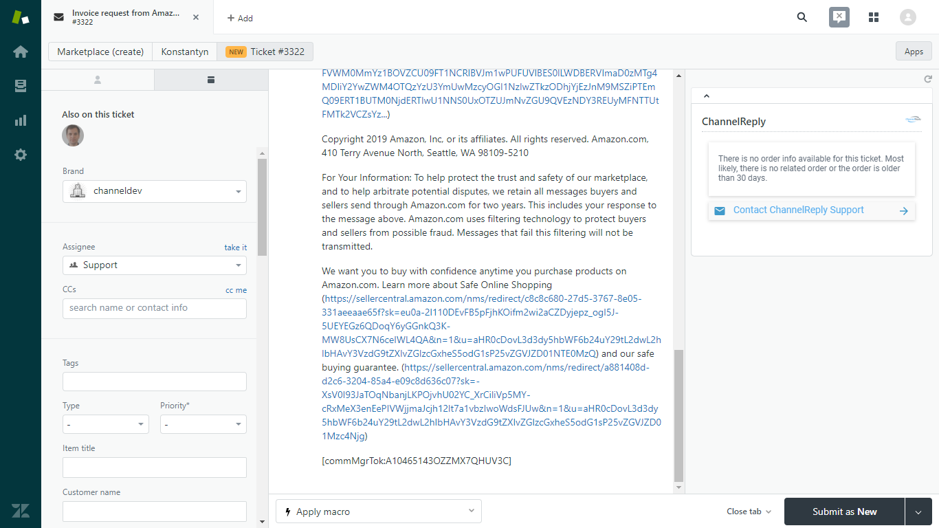 Amazon Ticket in Zendesk Without ChannelReply, Screen 3